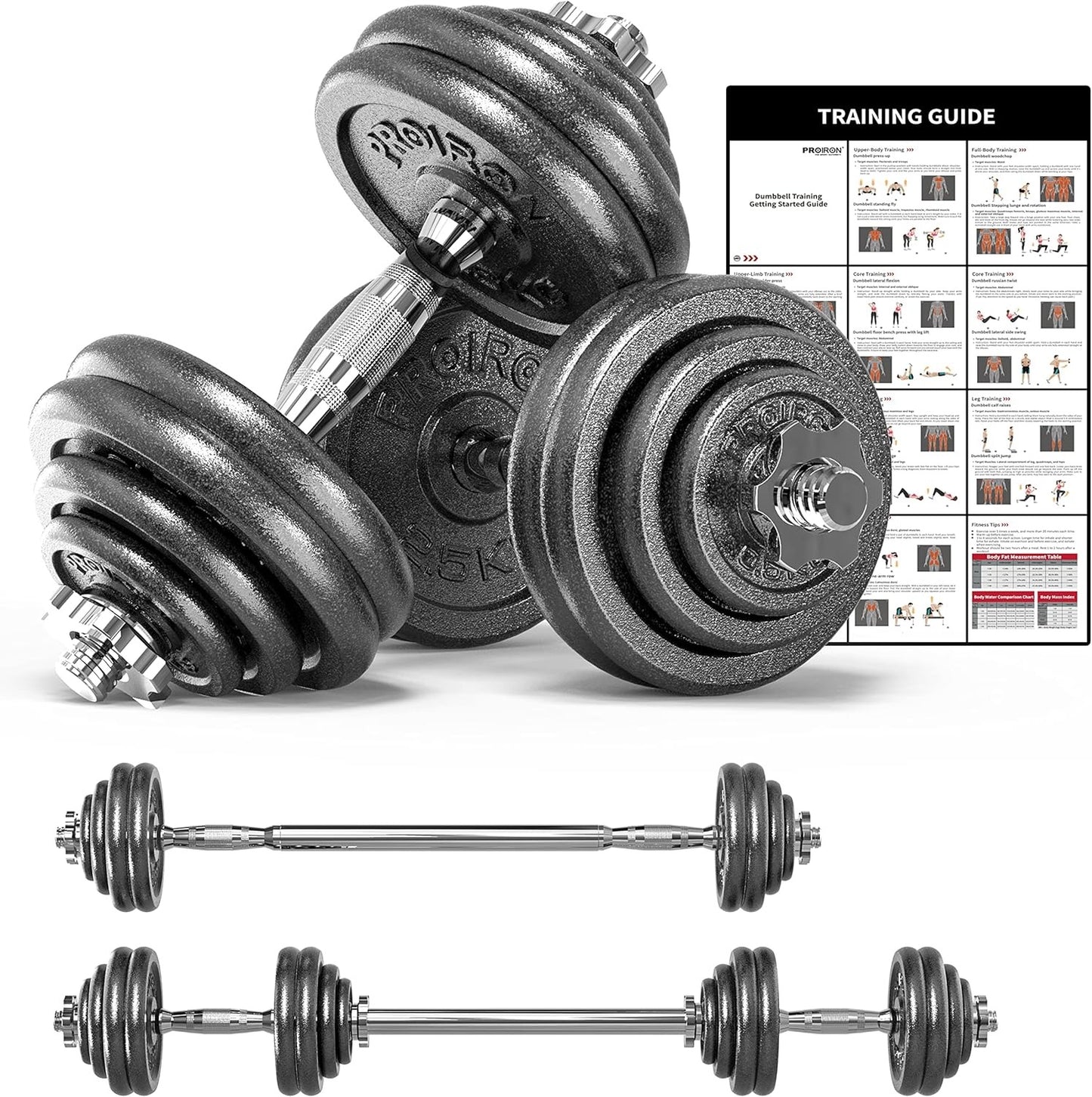 PROIRON 20kg Cast Iron Adjustable Dumbbell Set Hand Weight with Solid Dumbbell Handles Changed into Barbell Handily Perfect for Bodybuilding Fitness Weight Lifting Training Home Gym